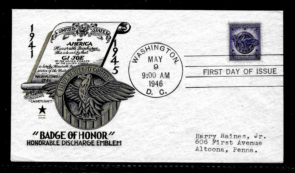 940 3c Stamp (1946) WWII MOST HONORABLE DISCHARGE FDC - STAEHLE & CACHET CRAFT - Image 1 of 1