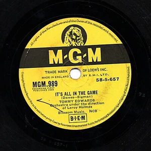 HARDER TO FIND UK #.1 1958 TOMMY EDWARDS 78 IT'S ALL IN THE GAME MGM 989 E-/V+ - Picture 1 of 1