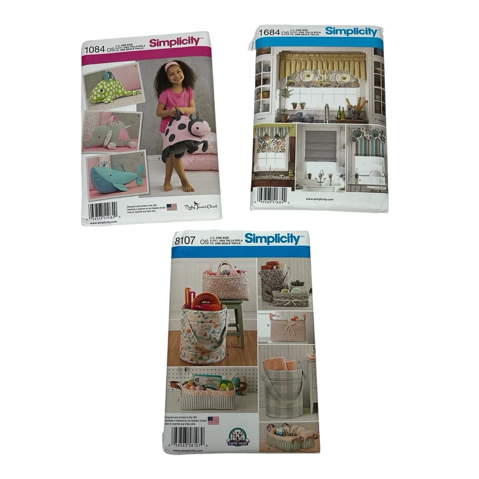Simplicity Sewing Patterns Lot/3 Organizers/Window Treatments/Stuff Animal Bags - Image 1 of 4
