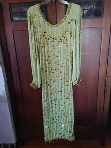 Vintage Belly Dance Costume dress lime green gold bead spaghetti fringe - Picture 1 of 20