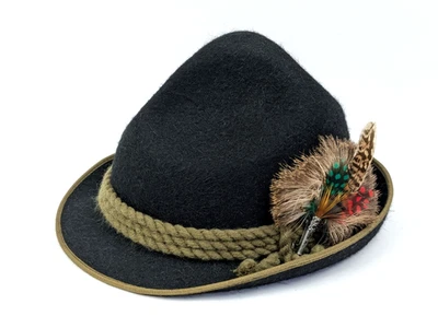 WEGENER Vintage Tiroler Hut Gr 56 Schwarz Wollfilz Gamsbart Federschmuck Kordel - Bild 1 von 4