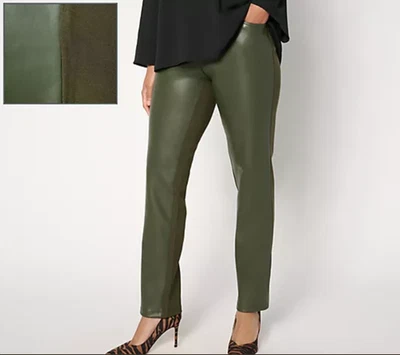 Belle by Kim Gravel Reg Faux Leather Front Ponte Back Pant BlackOlive 10 A661393 - Image 1 of 4
