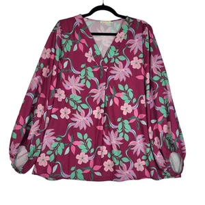 Baumwolle blau Top Bluse Damen XL rosa Blumen Boho Ballonärmel seidig Bauer - Bild 1 von 7