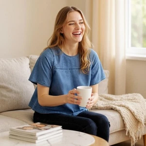 J CREW Chambray Swing-Top blau Fischgrätmuster Baumwolle Freizeit Damen Small - Bild 1 von 10
