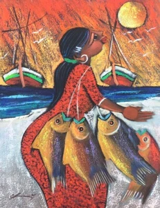Peruvian Original Oil Abstract Oil Painting Claudio Chunga Native Woman Fishing - Picture 1 of 14