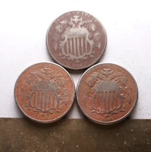 V11)    Lot of 3, 1866 Shield Nickel (5c) With Rays. VG or So. - Picture 1 of 2