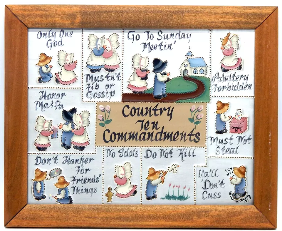 Tin Punched Ten Commandments Framed Religious Folk Art Amish Inspired Art - Image 1 of 4