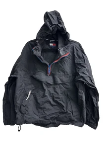 Men’s Vintage Tommy Hilfiger Black Nylon Pullover Hoodie Jacket Size Medium EUC - Picture 1 of 12
