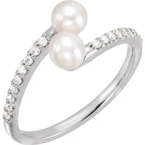 0.32ct Natural Diamond 14k White Gold Freshwater Pearl Wedding Band Ring - Picture 1 of 3