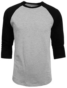 3/4 Sleeve Plain Baseball Raglan T-Shirt Tee Mens Jersey Gray Black L - Picture 1 of 1