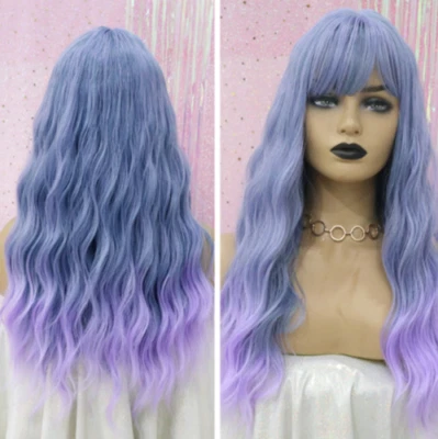 Peluca larga ondulada azul púrpura ombre pastel cabello flequillo resistente al calor peluca cosplay Foto 1 de 4