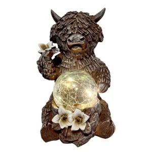 Highland Cow Ornament with LED Crackle Glass Ball Rustic Animal Figurine Garden - Picture 1 of 10