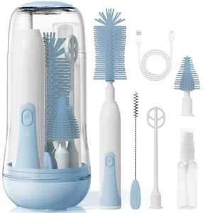 Electric Bottle Brush Cleaner Baby Bottle Cleaning Kit With Nipple Straw Brushes - Picture 1 of 6