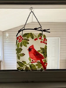 hand painted glass cardinal red bird & red berries suncatcher, holiday wall art - Picture 1 of 5