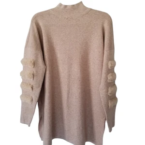Cliche Womens Turtleneck Beige Tunic Sweater Small Oversized Fuzzy Arm Band New - Picture 1 of 10