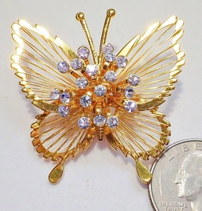 Vintage MONET Wire Wrapped Butterfly Pin w/20 Rhinestones Cluster 1 5/8" - Picture 1 of 2