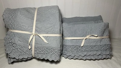 Greenrow матлассе с крючком отделки покрывало, F/Q, жемчужно-синий и 2 наволочки - Изображение 1 из 4