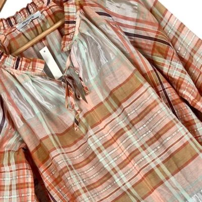 NUEVO CON ETIQUETAS MADEWELL Para Mujer XS Otoño Cuadros Cuello Atado Volantes Manga Mezcla de Seda Top Transparente Foto 1 de 4