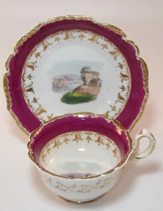 Antique Gilded  Burgundy Puce Grainger Rural Scenes Cup & Saucer c1825 Lot B VGC - Picture 1 of 12
