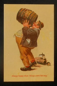 1900s Always Happy When Things Come His Way Fat Man Drinking from Beer Barrel PC - Picture 1 of 1