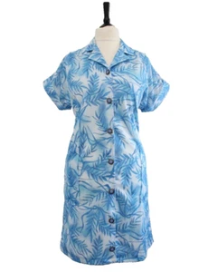 Vintage 80s Dress Blue Cap Sleeve Slouchy Casual Leaf Pattern Retro Day Dress 14 - Picture 1 of 6