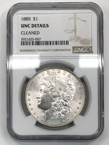1885 P Morgan Silver Dollar NGC UNC Details (cleaned) Cover