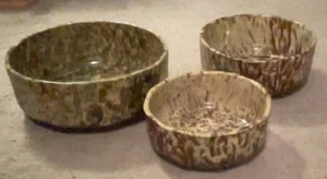 Vintage Set of 3 Spongeware Bowl. Brown, Green & Tan. Glazed. Early 1900's - Picture 1 of 4
