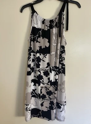 Alfani Floral Patchwork Beige Black Midi Sleeveless Dress Tie Shoulder Sz M - Image 1 of 4