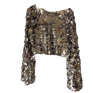 Neu H&M Silber und Gold Pailletten Crop Top mit langen Glockenärmeln Small - Bild 1 von 9