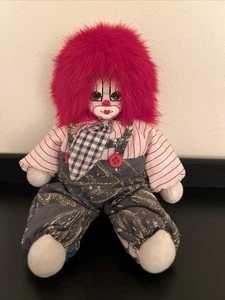 Q-TEE Clown mit Etikett handgefertigt bemalt sandgefüllte Puppe Fucia Kaninchenhaar Vintage 9 Zoll - Bild 1 von 13