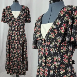 Vtg Darian Black Floral Fit & Flare Dress w Button Down & Wide Collar Size 14 - Picture 1 of 24