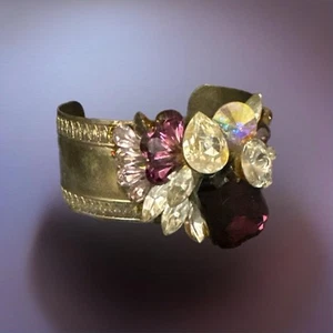 Repurposed Vintage Brass Cuff Bracelet With Purple And Clear Rhinestones - Picture 1 of 3