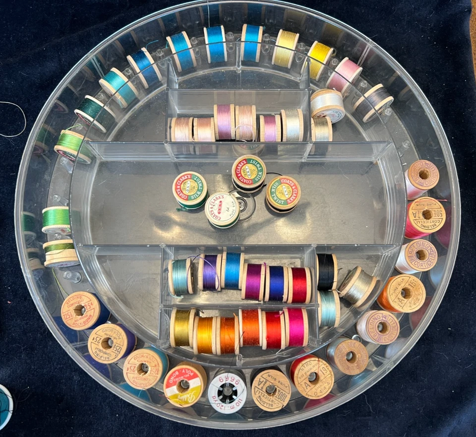 Vintage Silk Thread Lot 54 Wooden Spools Coats Clark Belding Corticelli + Caddy - Image 1 of 4