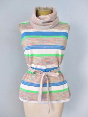 De Colección Años 60 70 Azul Verde Rayas Variegadas Poli Tejido Enorme Capucha Cuello Top Corbata Cinturón M Foto 1 de 4