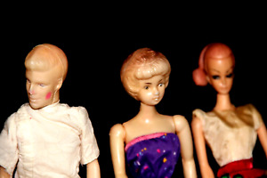 3 Soft Plastic Dolls made in Hong Kong, resemble Barbie, Midge & Ken--