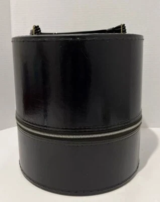 De Colección 13" Redondo Negro Mediados de Siglo Peluca Estuche Sombrero Caja Cremallera Equipaje 1950 Foto 1 de 4