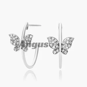 Solid 14K White Gold 0.10Ct Round VVS1 Moissanite Butterfly Hoop Earrings - Picture 1 of 6