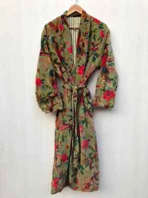 OFMD Lujo Terciopelo Chaqueta Abrigo Kimono Color Verde Estampado Pájaro Kimono Chaqueta Larga Foto 1 de 4