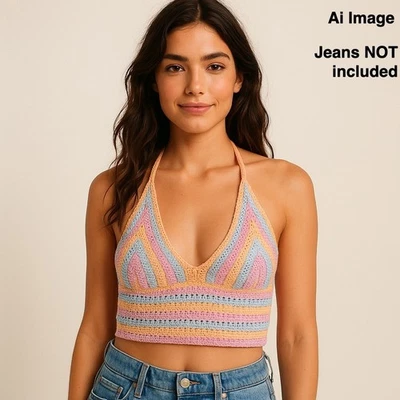 Hollister Crochet Halter Top Arco Iris Talla Sm. Crop boho festival estilo Y2K tejido Foto 1 de 4