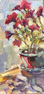 Original oil painting Red flowers in vase, Petunias still life on canvas, signed - Picture 1 of 14