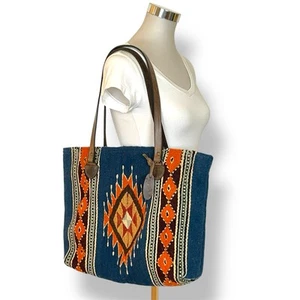 Tribal Diamond Blue Wool Shoulder Tote By MZ Manos Zapotecas Fair Trade - Picture 1 of 12