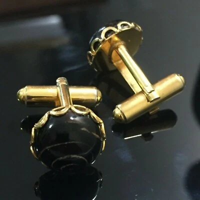 镀黄金袖扣带黑石,Tux 袖扣  — 第 1/3 张图片