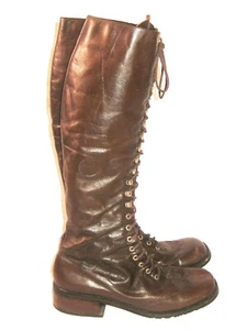 VTG Monofinn Olof Daughters Brown Silver Inlay Laced Knee High Granny Mod Boots  - Picture 1 of 9