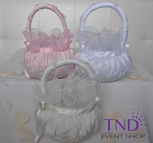 WEDDING CEREMONY SATIN FLOWER GIRL BASKET WITH ORGANZA FLOWERS AND PEARL CENTERS - Picture 1 of 6