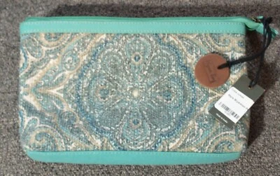 Myra Bag Clutch Bryerston Pouch Upcycled Rug Teal w Leather Floral Design NEW - Image 1 of 4