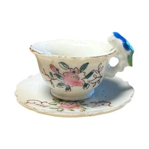 Miniature Teacup with Bird Parrot Handle Cup & Saucer Made In Japan - Picture 1 of 11