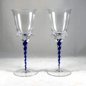 Pair Vintage Crystalex Bohemia Hand Blown Cobalt Twist Wine Glasses - Picture 1 of 5