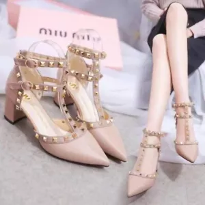 Womens Lady Low Chunky Heel Ankle Strap Pointed Toe Round Toe Party Pump Shoes - Picture 1 of 7