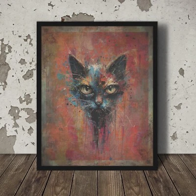 Arte de pared vintage BLACK CAT, decoración de gato de mala suerte, póster de Halloween de terror de gato malvado Foto 1 de 4