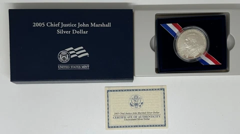 2005 US Mint Chief Justice John Marshall Uncirculated Silver Dollar w/Box & COA Cover